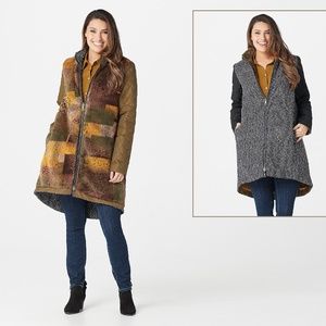 NWT Logo Lori Goldstein Reversible Mixed Media Faux Fur Tweed Coat S